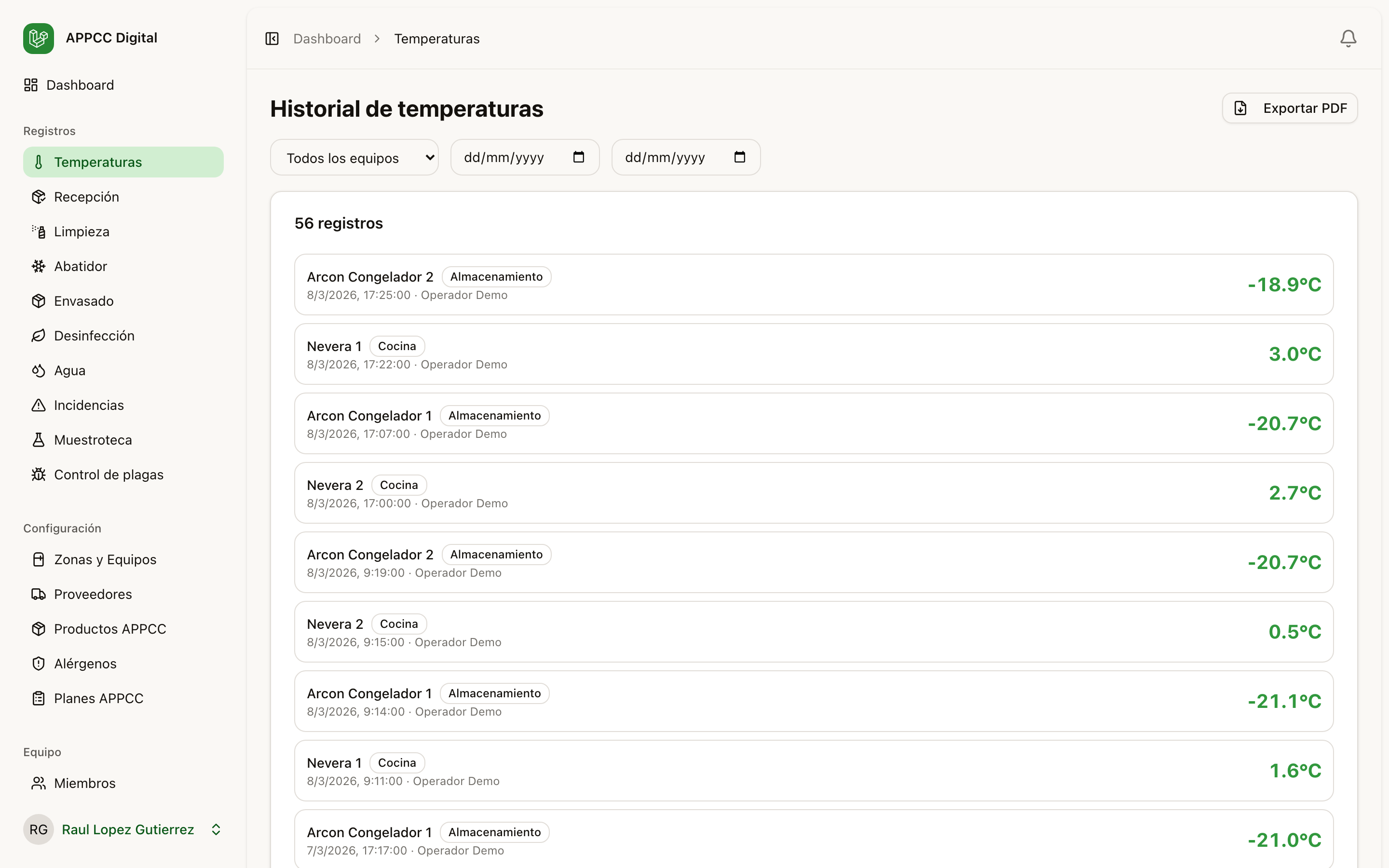 Historial de registros con exportación